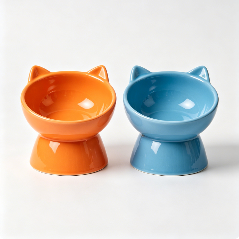 Vela Blu, Ciotole rialzate con orecchie da gatto, confezione da 2, 13,2×13,2×11,5 cm, Arancione e Blu